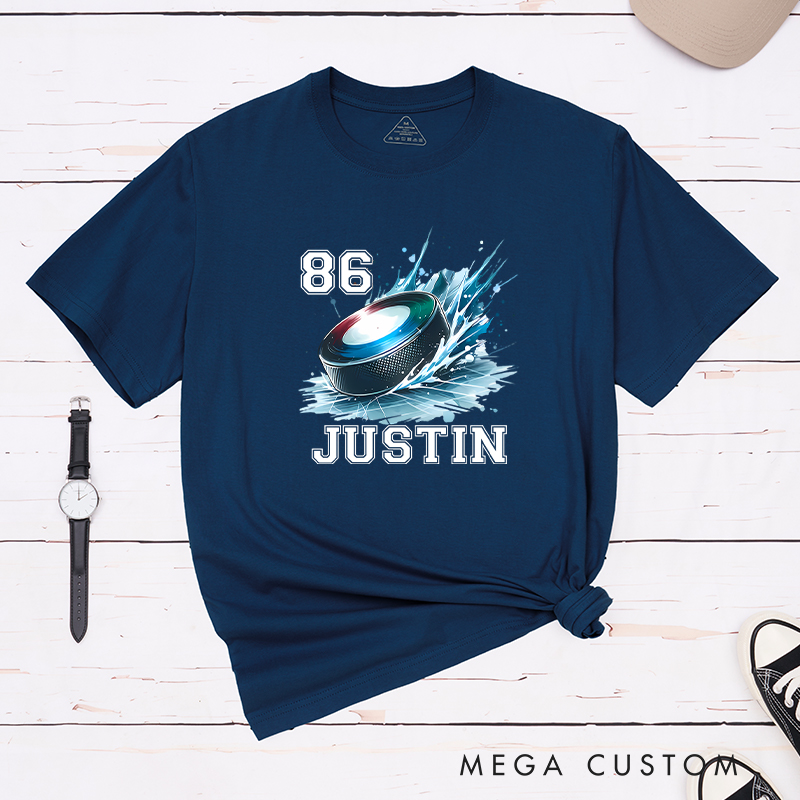 Personalized Hockey T-Shirt with Splashed Ice Puck Design and Custom Name