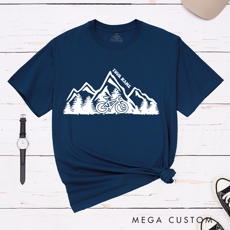 Personalized Mountain Adventure Cycling T-Shirt with a Cyclist Silhouette for Outdoor Adventures Riding Cycling Biking Enthusiasts