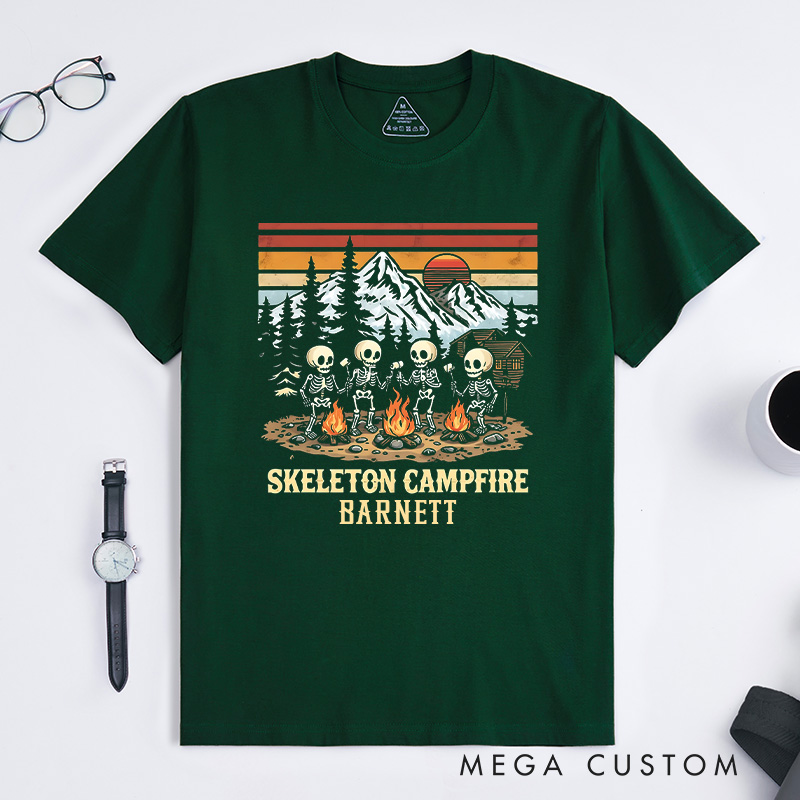 Personalized Skeleton Campfire T-Shirt Camping Hiking Lovers Shirt Halloween Gift Outdoor