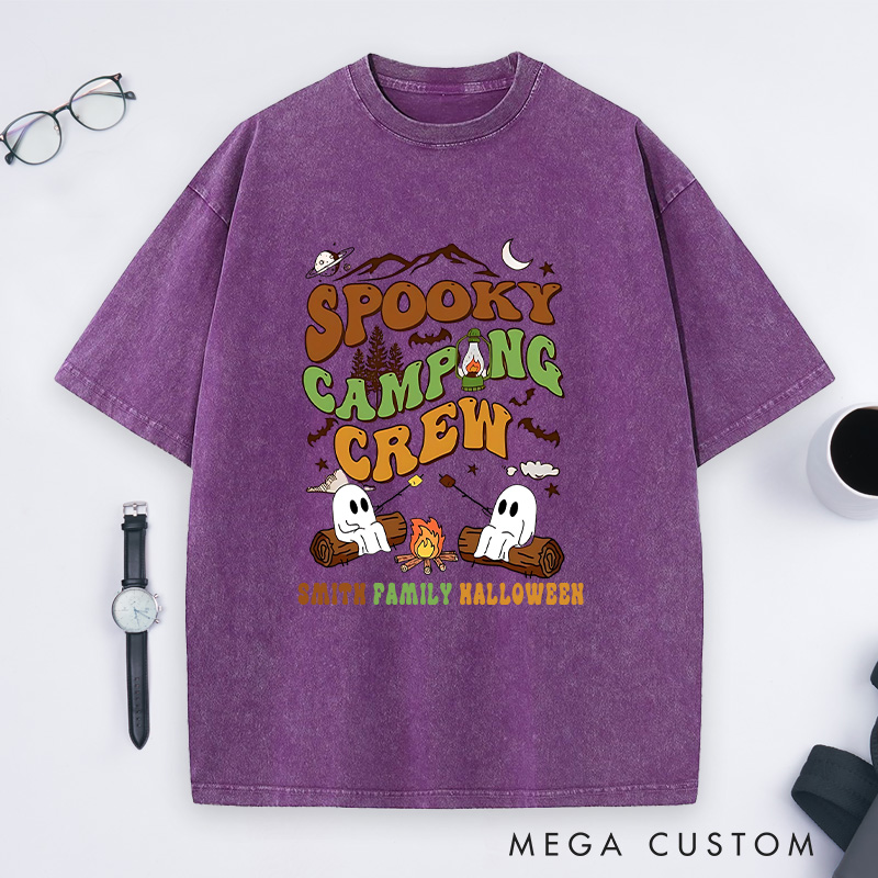 Personalized Spooky Camping Crew Washed T-Shirt a Haunted Campfire Adventure T-Shirt Halloween Gift Outdoor Lover