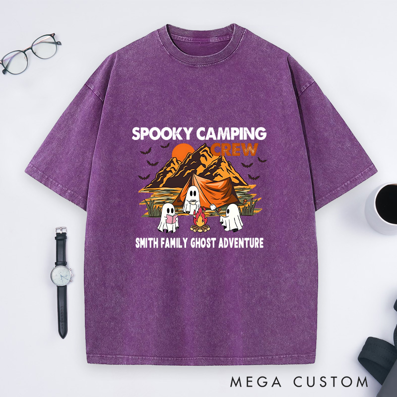 Personalized Spooky Camping Crew Washed T-Shirt Ghostly Adventures Shirt Halloween Gift Hiking Outdoors