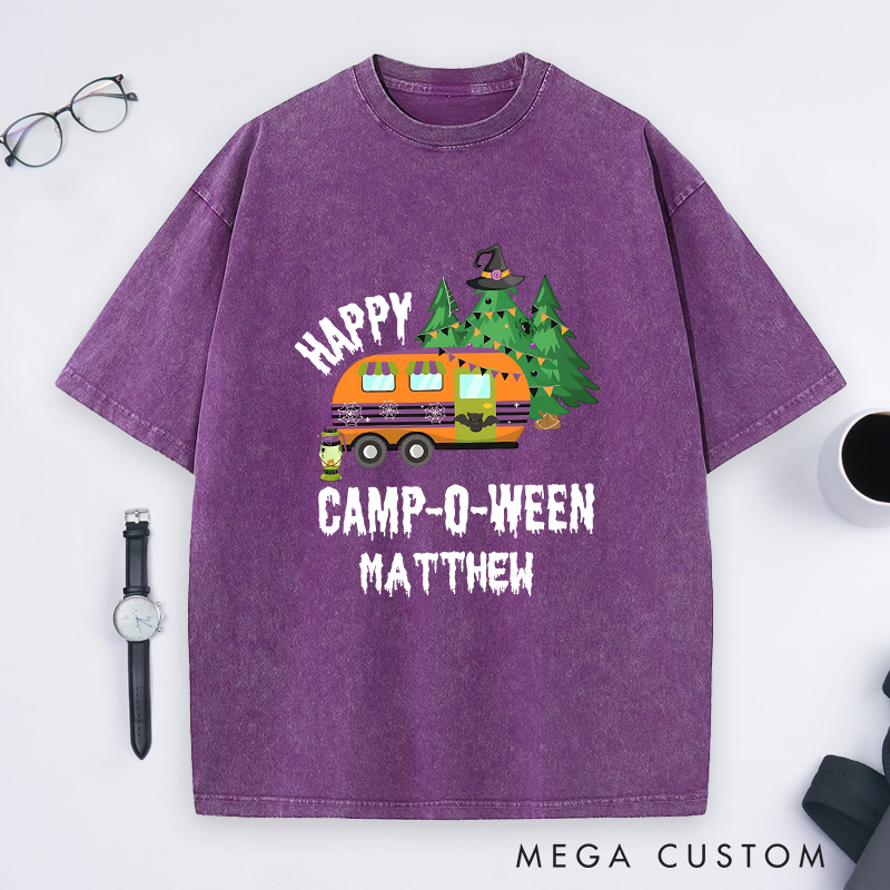 Personalized Happy Camper Halloween Washed T-Shirt Outdoor Camping Adventure Shirt Halloween Gift for Hiking
