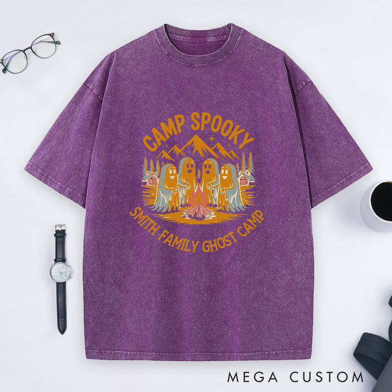 Personalized Camp Spooky Washed T-Shirt Ghostly Camping Shirt Halloween Gift for Outdoor Adventures