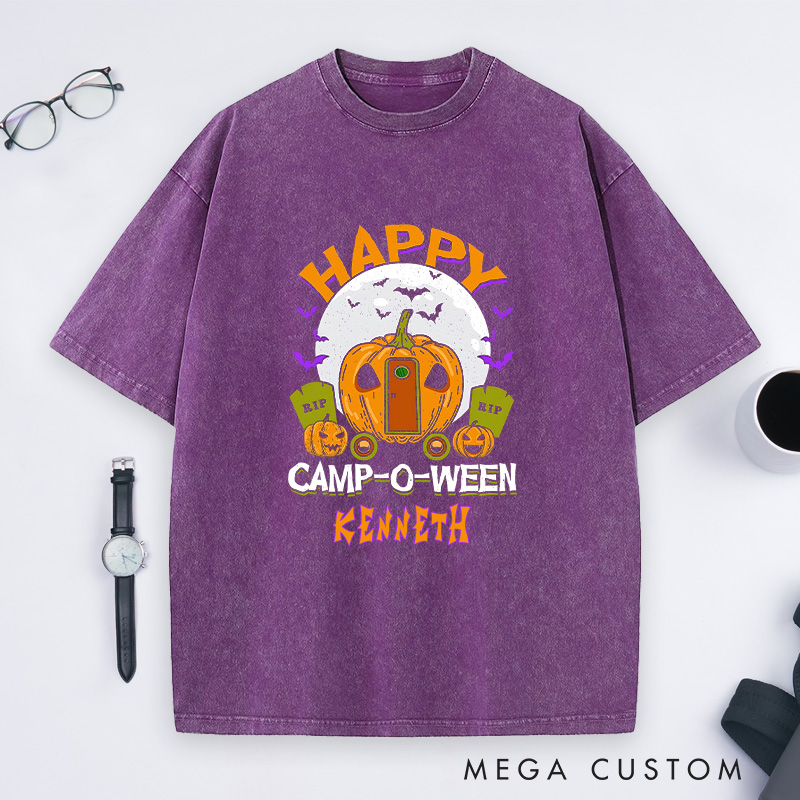 Personalized Happy Camp Halloween Washed T-Shirt Halloween Camping Shirt Gift for Outdoor