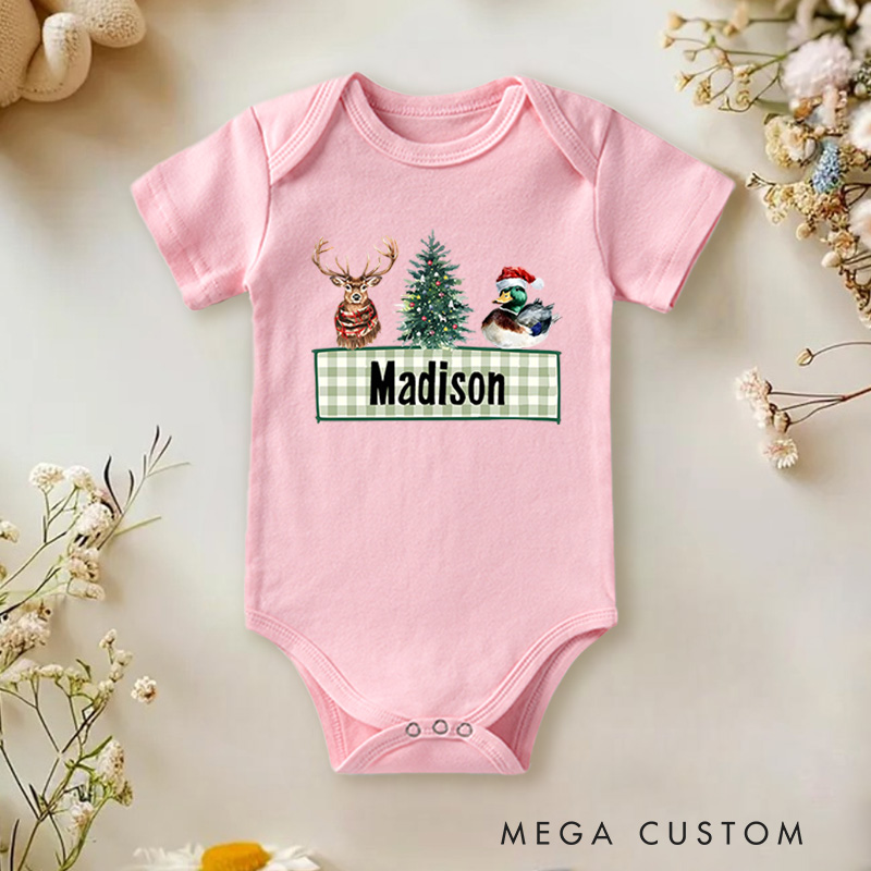 Personalized Holiday Reindeer and Tree Baby Onesie Perfect for Adding Fun to Holiday Family Outfits Baby Onesie