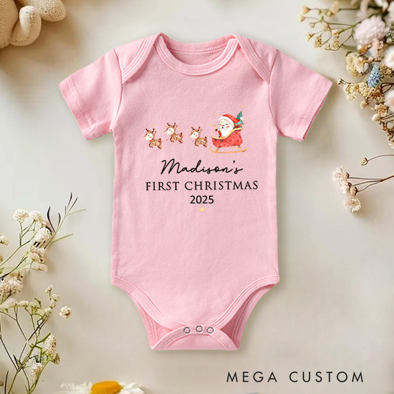 Personalized First Christmas Santa and Reindeer Baby Onesie Perfect for Cherishing a Baby’s Holiday Season Baby Onesie