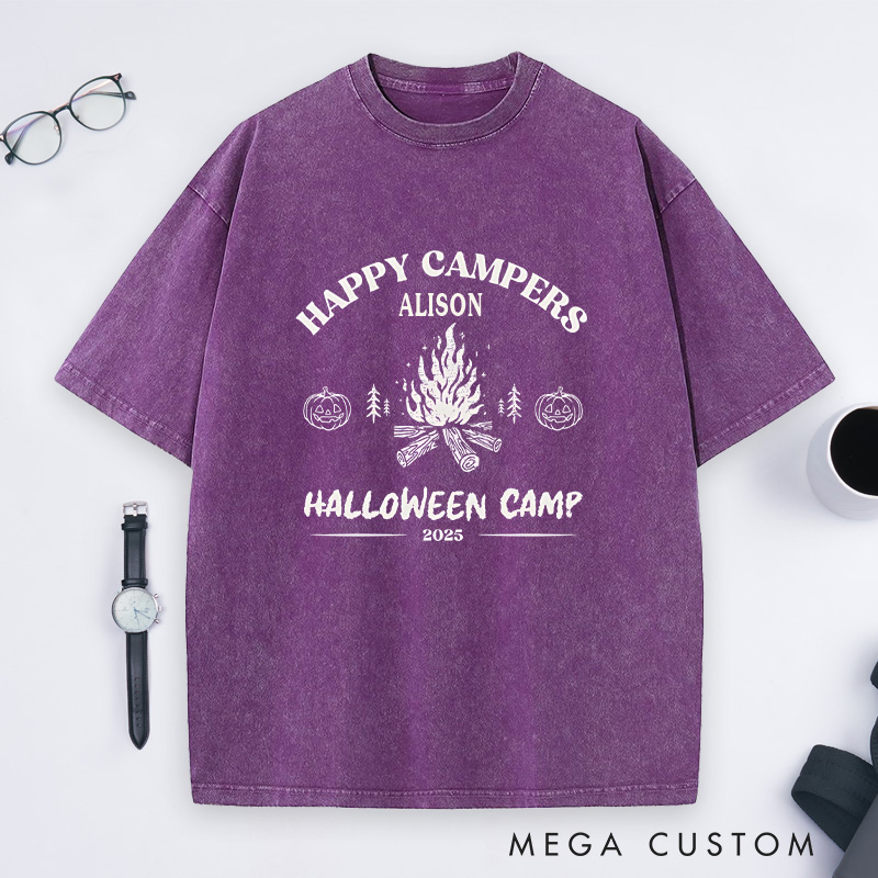 Personalized Halloween Happy Campers Washed T-Shirt Outdoor Bonfire Shirt Halloween Gift for Hiking