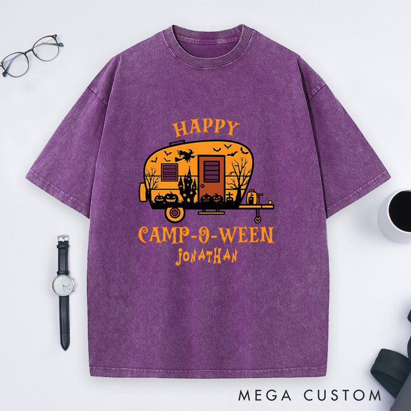 Personalized Halloween Camping Adventure Washed T-Shirt Happy Halloween Shirt Gift for Outdoor