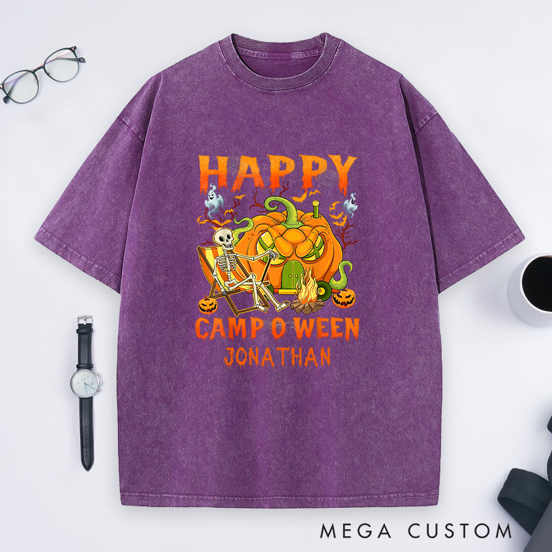 Personalized Camper Halloween Washed T-Shirt Skeleton Camping Car Pumpkin Shirt Halloween Gift Outdoor