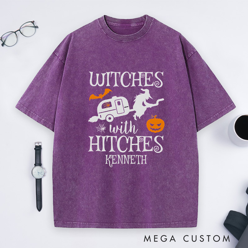 Personalized Witches with Hitches Washed T-Shirt Campers Life Lovers Shirt Spooky Pumpkin Shirt Halloween Gift Outdoor
