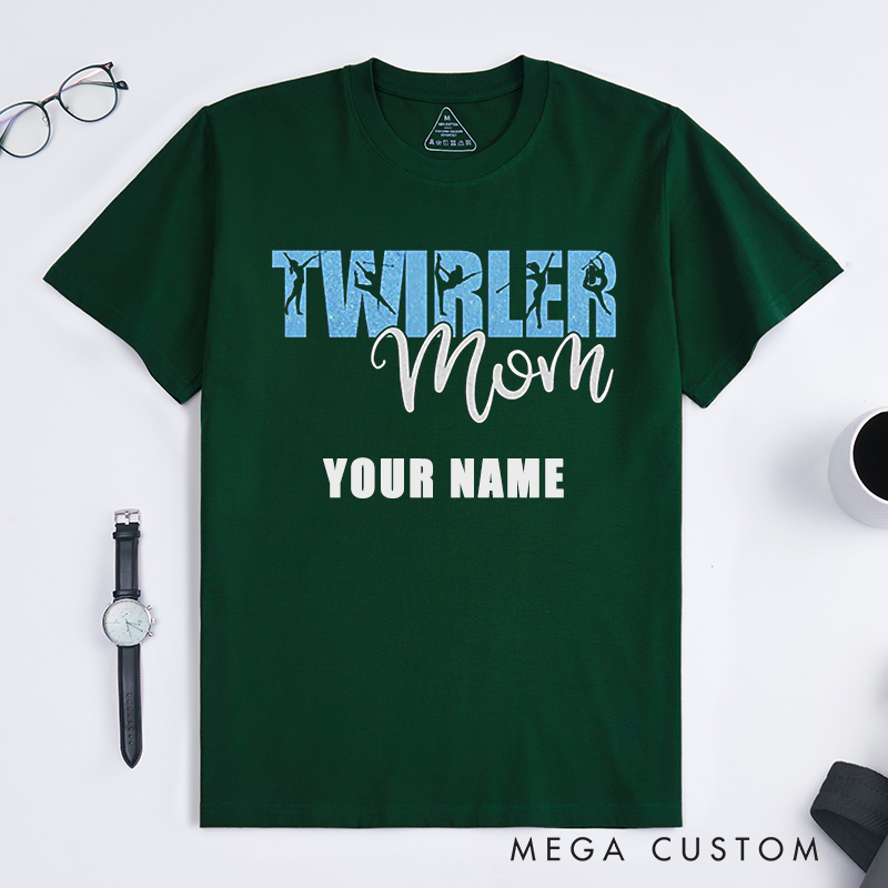 Personalized Twirler Mom T-Shirts Gift for Baton Twirling Supporter Custom Name Glitter Dance Team Parent Tee for Proud Mother