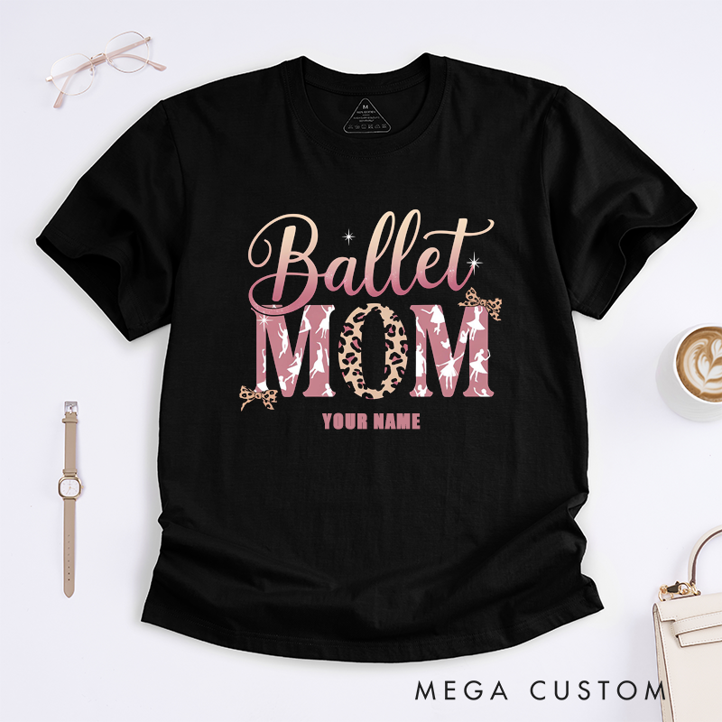 Personalized Ballet Mom T-Shirts Custom Name Dance Mom Gift Leopard Print Ballerina Silhouette Shirt Perfect for Ballet Lovers Women
