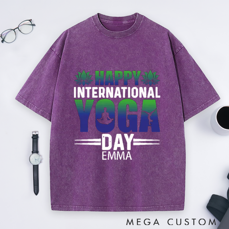 Personalized Yoga Washed T-Shirt with Happy International Yoga Day Design Perfect Gift for Yoga Lover
