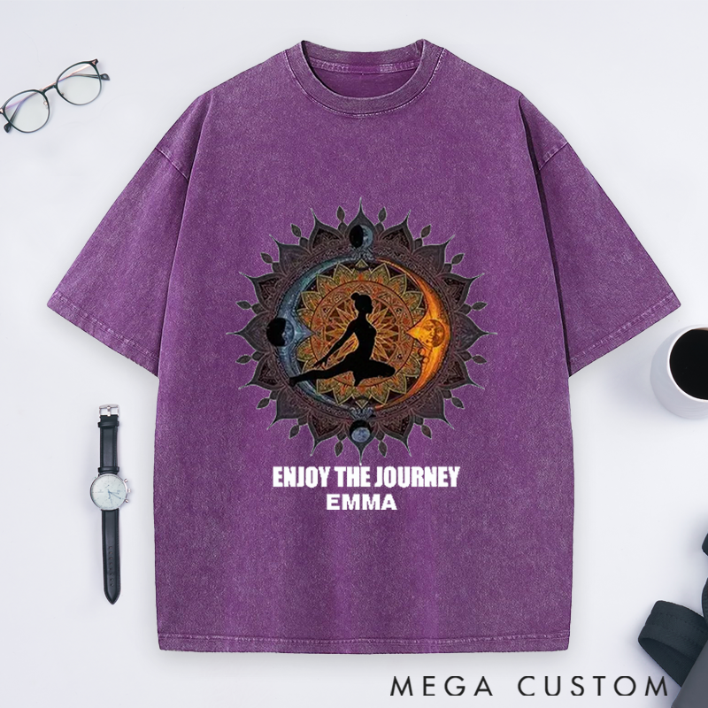 Personalized Enjoy the Journey Quote Yoga Washed T-Shirt with Mandala and Silhouette Design Perfect Gift for Yoga Lover