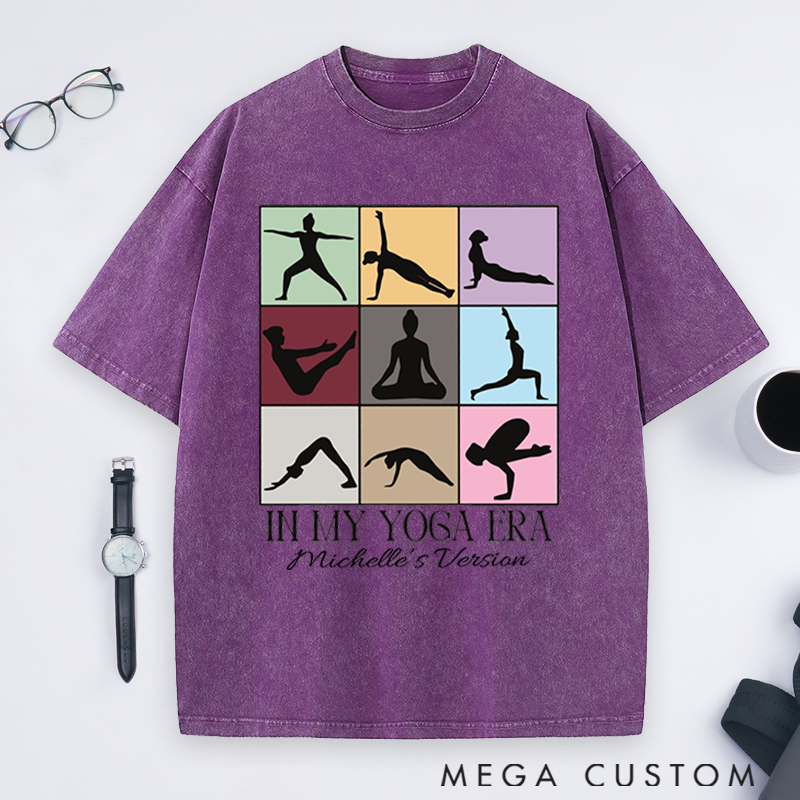Personalized In My Yoga Era Theme Yoga Washed T-Shirt with Multicolor Yoga Pose Grid Design Perfect Gift for Yoga Lover