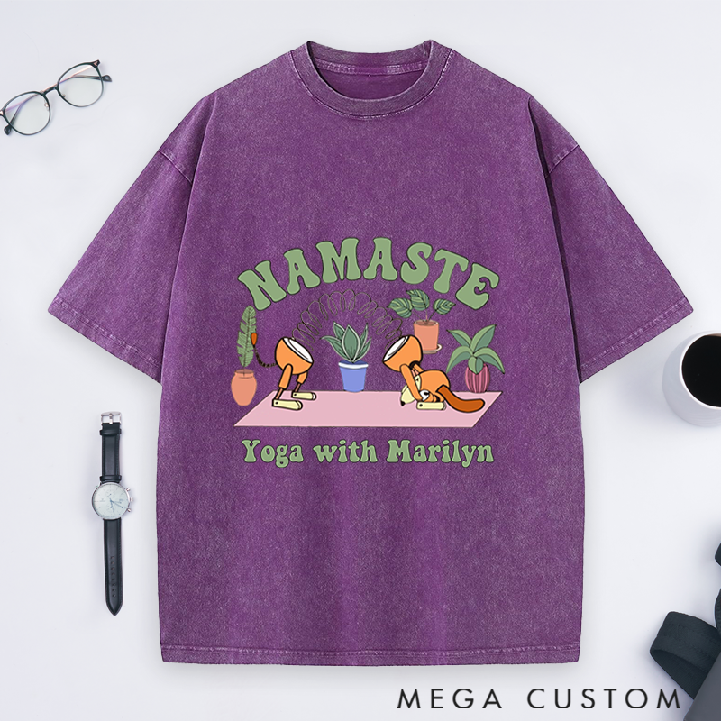 Personalized Yoga Washed T-Shirt with Namaste Theme and Cute Plant Design Perfect Gift for Yoga Lover