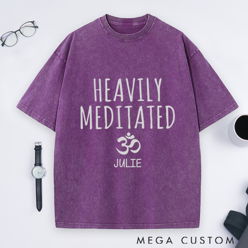 Personalized Yoga Washed T-Shirt with Heavily Meditated Design and Om Symbol Perfect Gift for Yoga Lover