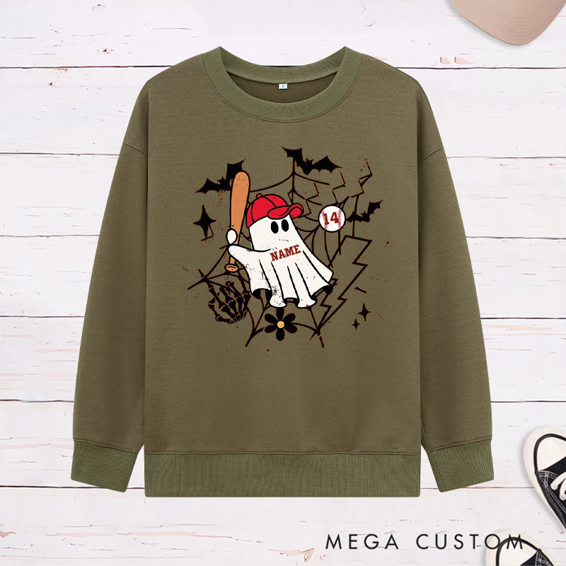 Personalized Halloween Ghost Baseball Sweatshirt with Custom Name and Number 