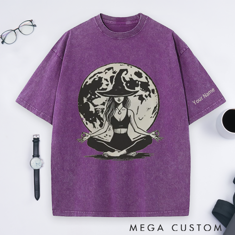 Personalized Witchy Yoga Washed T-Shirt with Mystic Moon and Meditating Witch Design Perfect Gift for Yoga Lover and Halloween