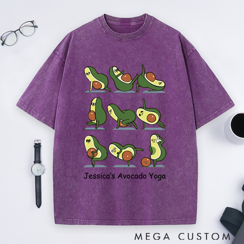 Personalized Avocado Yoga Washed T-Shirt with Cute Avocado Poses Design Perfect Gift for Yoga Lover
