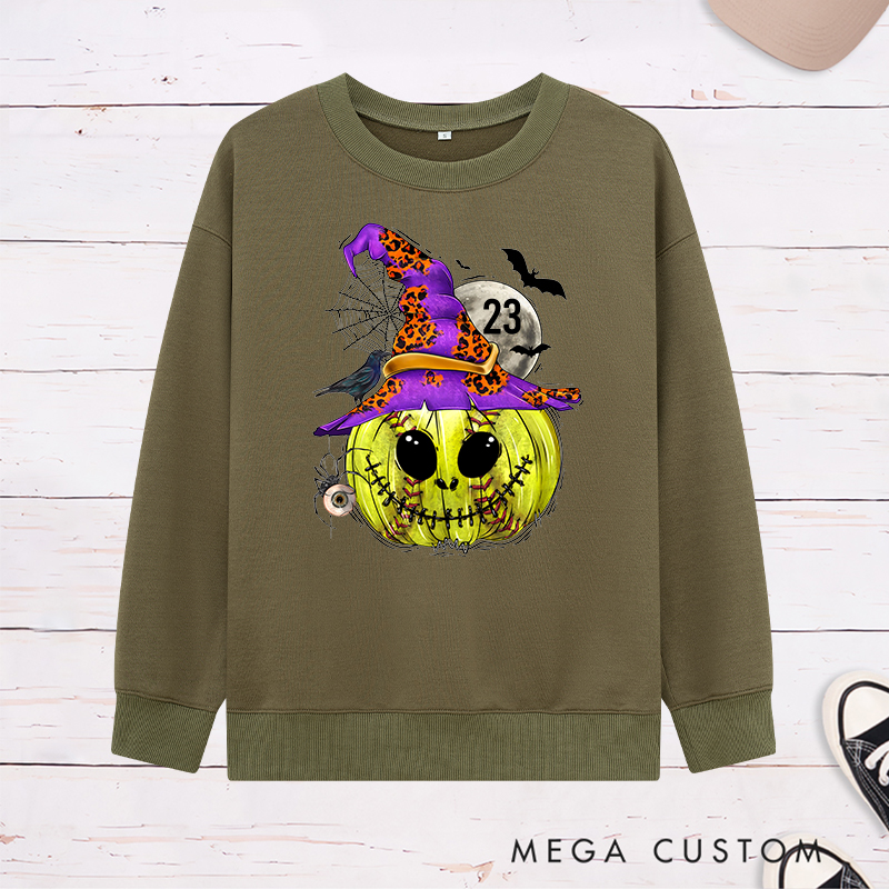 Personalized Enchanted Softball Pumpkin Witch Sweatshirt with Custom Number
