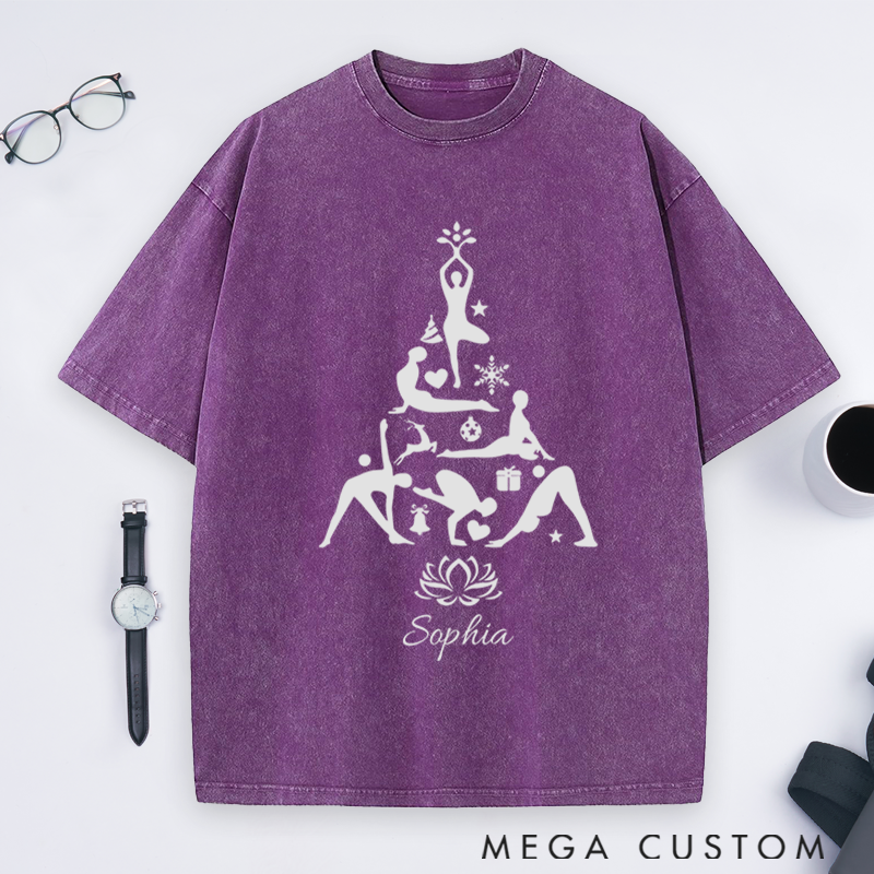Personalized Yoga Washed T-Shirt with Christmas Tree Design Perfect Gift for Yoga Lover and Christmas