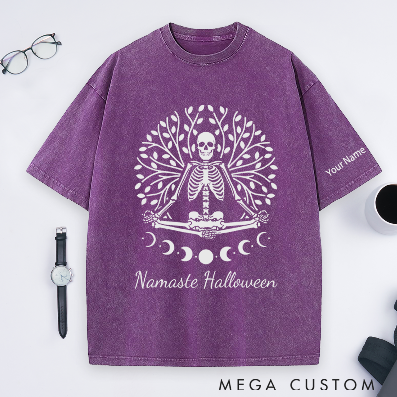 Personalized Namaste Halloween Washed T-Shirt with Spooky Skeleton Yoga Design Perfect Gift for Yoga Lover and Halloween