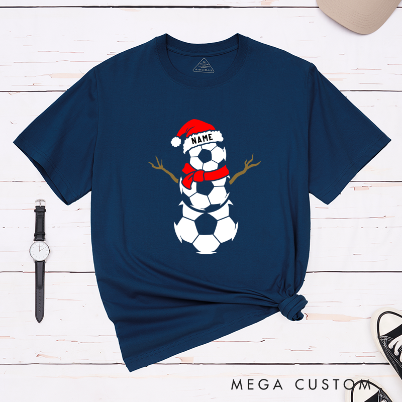 Personalized Soccer Snowman T-Shirt with Custom Name and Festive Design