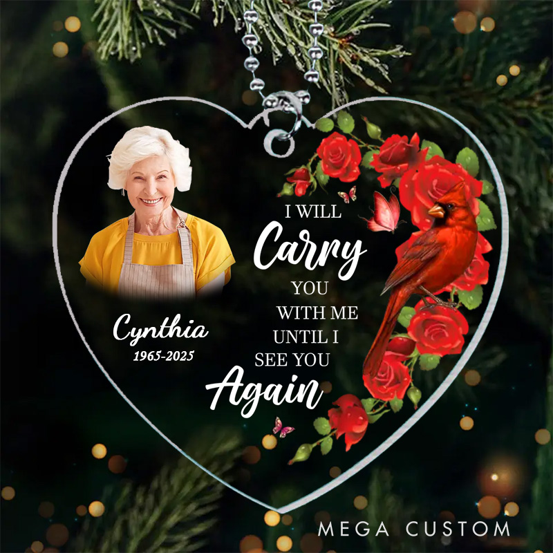 Personalized Heart Shaped Memorial Ornament Customizable Photo Name Year Quote Cardinal Roses Keepsake