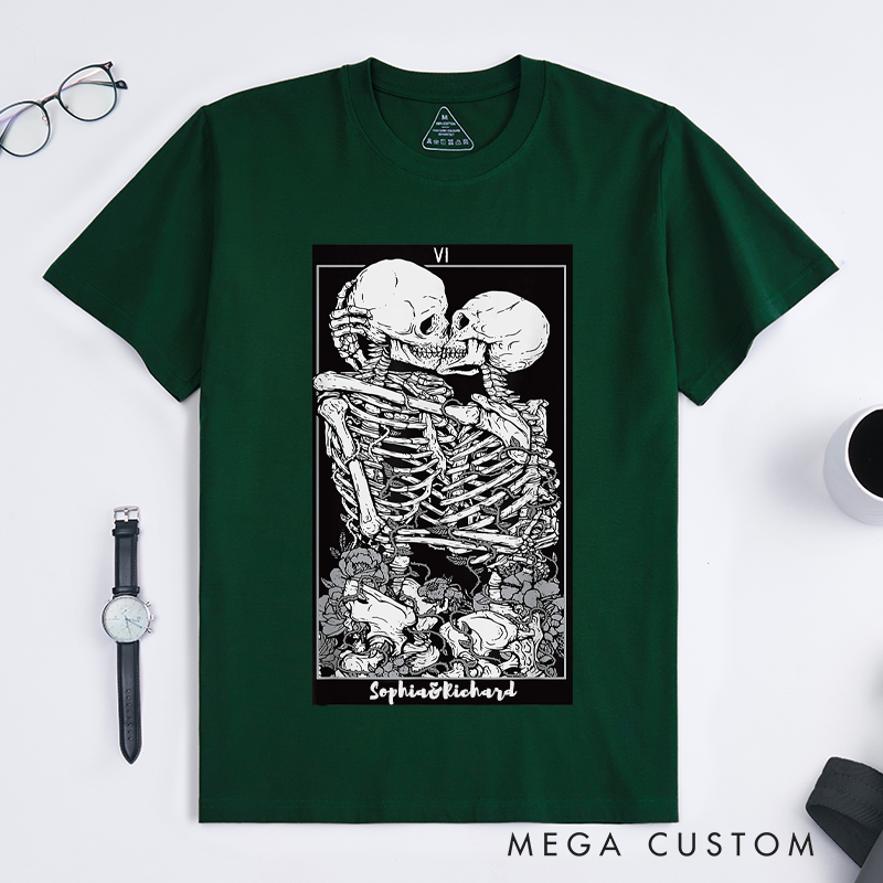 Personalized Tarot Lovers Classic T-Shirts Lovers Tarot Card T-Shirt Gothic Style Skeleton Lover Gift for Lover Couple Anniversary