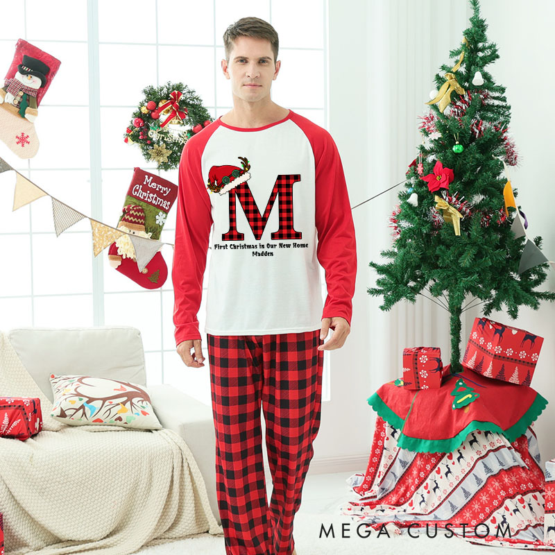 Personalized Adult Christmas Pajamas First Christmas in Our New Home Design Custom Initial and Name Festive Buffalo Plaid and Santa Hat Theme