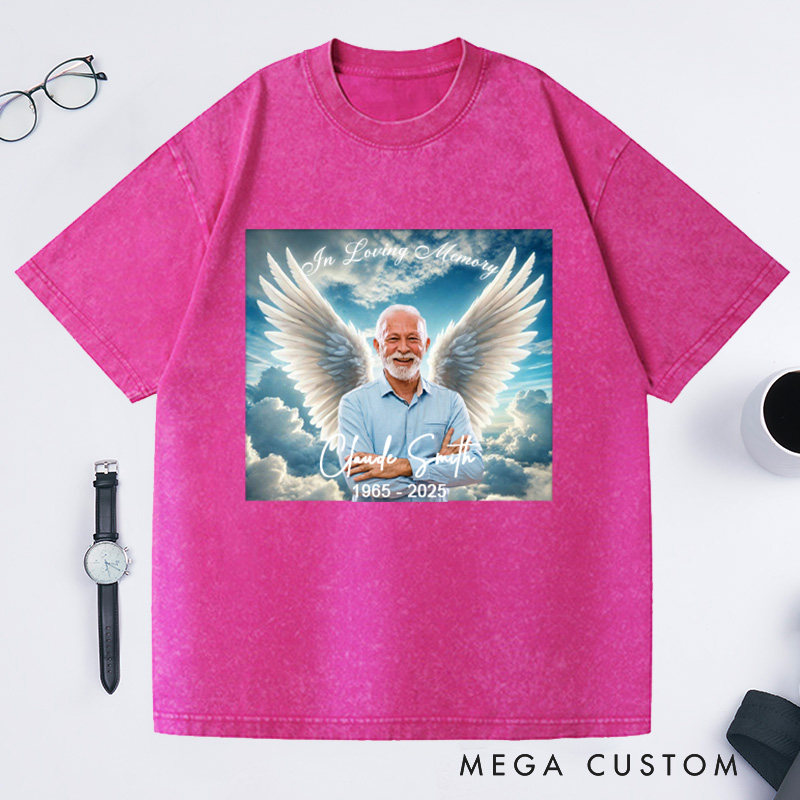 Personalized Memorial Washed T-Shirt Memorial Gift for Loss of Loved One In Loving Memory Gift Angel Wings Photo T-Shirt 
