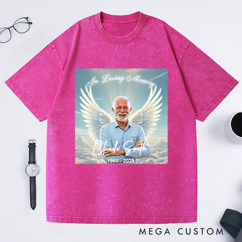 Personalized Memorial Photo Washed T-Shirt Memorial Gift for Loss of Grandfather Father and Loved One In Loving Memory Gift Angel Wings T-Shirt 