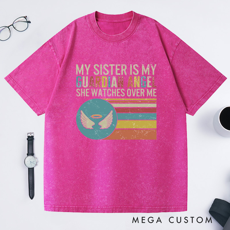 Personalized Sister Memorial Washed T-Shirt Retro Stripes Guardian Angel Watches Over Sympathy Gift Loss of Sister