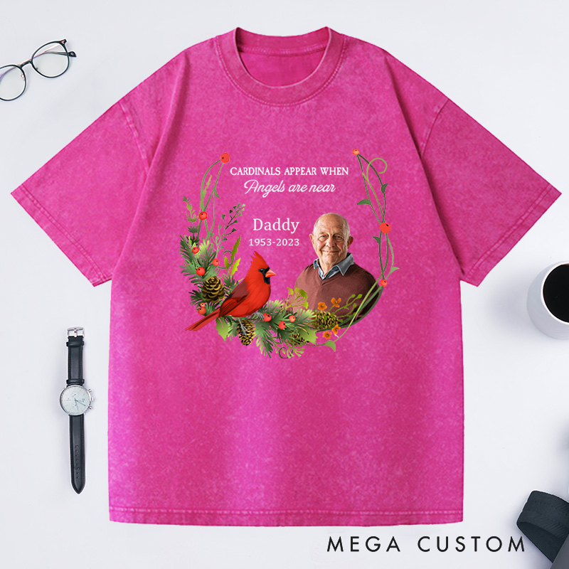Personalized In Memory Memorial  Washed T-Shirt Custom Photo Name Year Cardinal Keepsake Gift