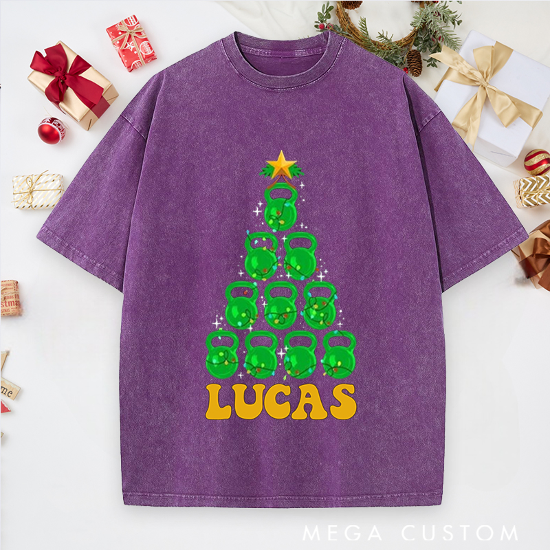 Personalized Gym Washed T-Shirts with Kettlebell Christmas Tree Fitness for Fitness Enthusiasts Bodybuilders and Gym Lovers