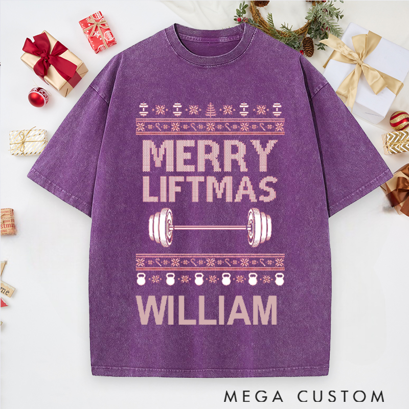 Personalized Gym Washed T-Shirts with Merry Liftmas Barbell and Kettlebell for Fitness Enthusiasts Bodybuilders and Gym Lovers