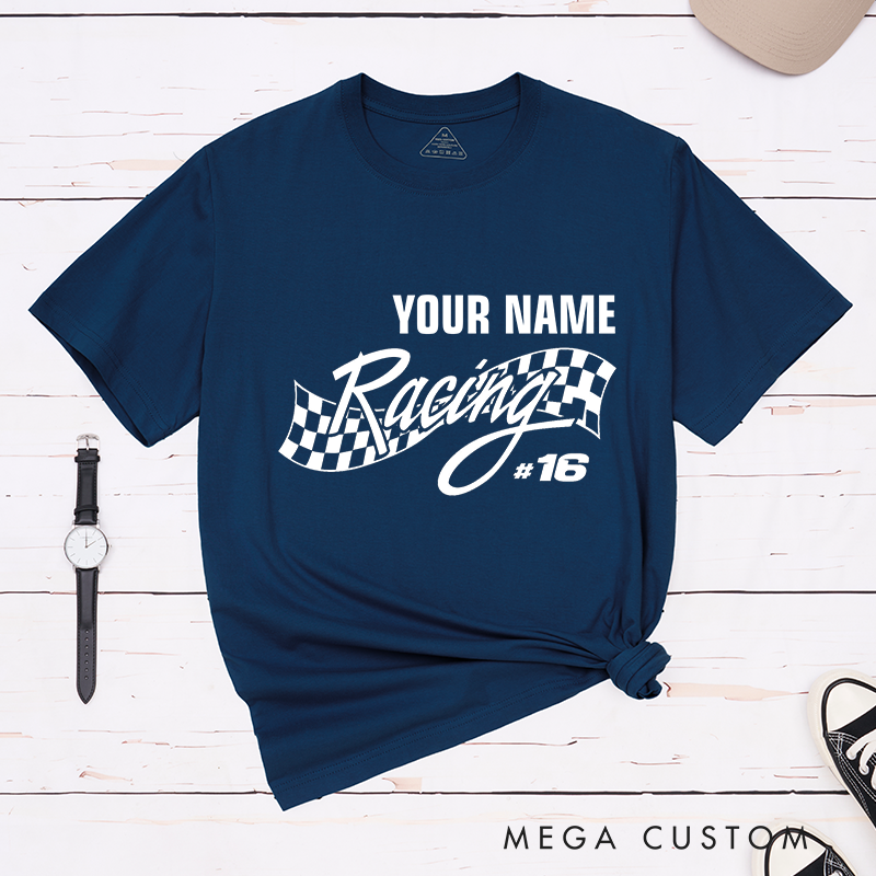 Personalized Racing T-Shirt with Dynamic Checkered Flag for Outdoor Adventures Riding Cycling Biking Enthusiasts