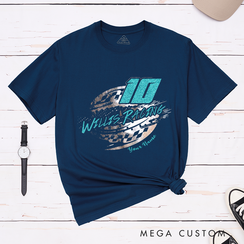 Personalized Custom Racing T-Shirt Eye-Catching Speed Graphic with Checkered Flag and Bold Colors for Outdoor Adventures Riding Cycling Biking Enthusiasts