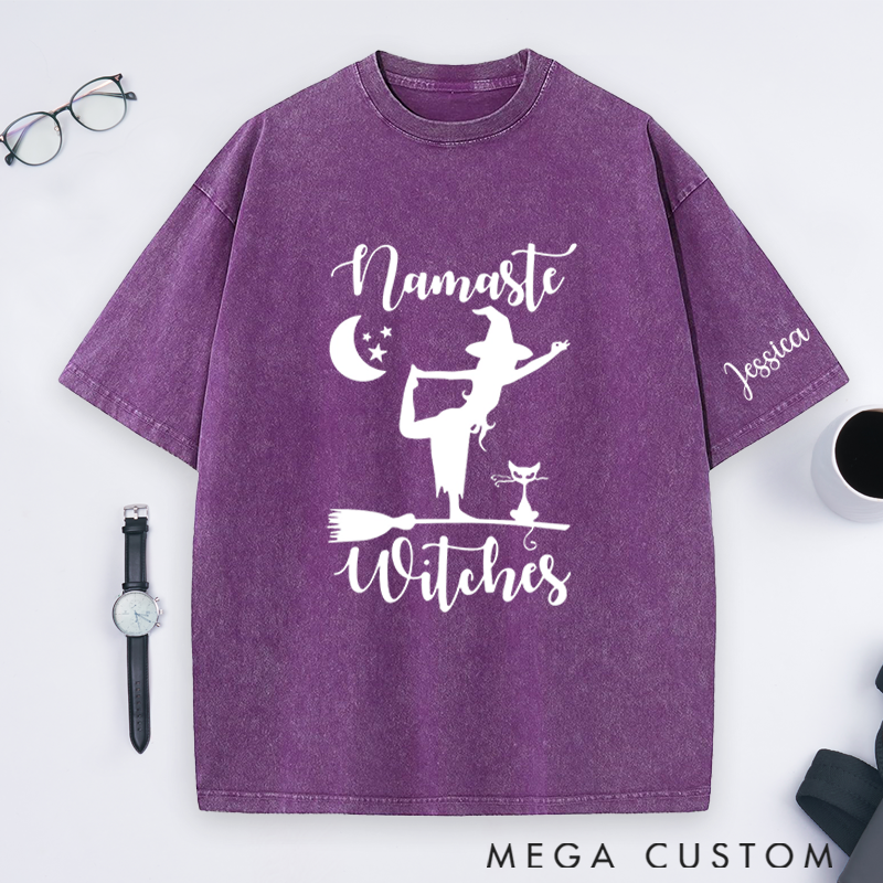 Personalized Namaste Witches Washed T-Shirt with Halloween Theme and Witch Yoga Design Perfect Gift for Yoga Lover and Halloween