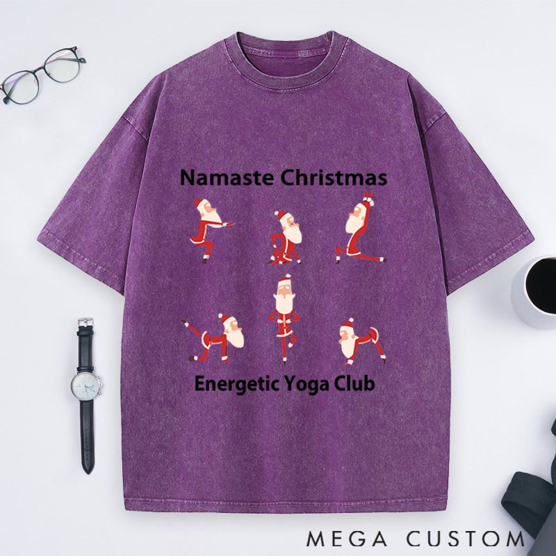 Personalized Yoga Santa Christmas Washed T-Shirt Family Holiday T-Shirt Perfect Gift for Yoga Lover and Christmas