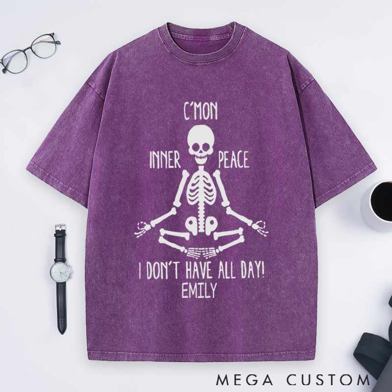 Personalized Skeleton Meditation Washed T-Shirt with Funny Inner Peace Design Perfect Gift for Yoga Lover and Daily Wear