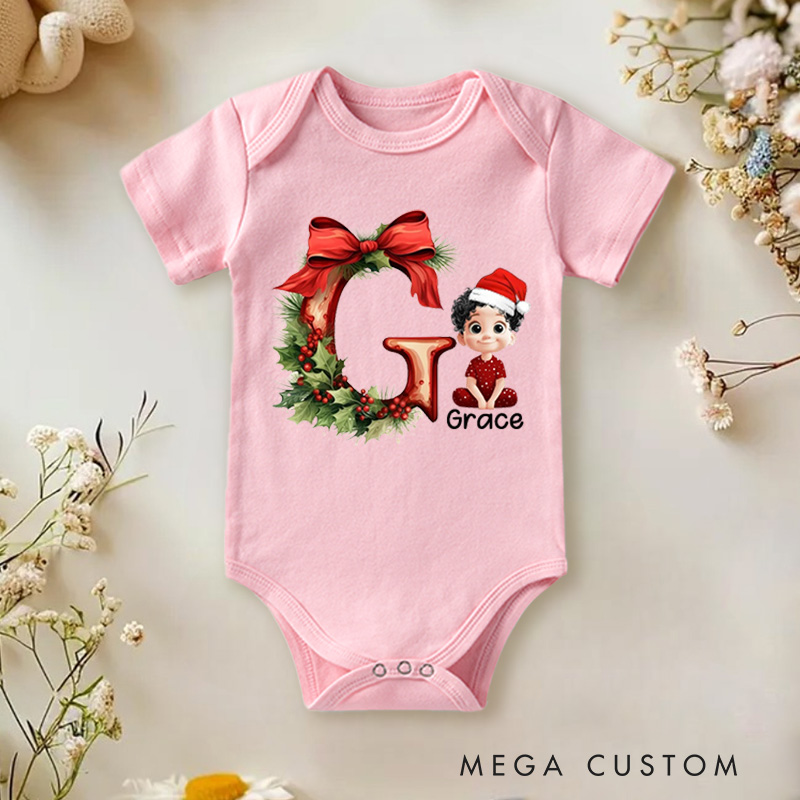 Personalized Cartoon Character Holly Bow Initial Bodysuit with Name Christmas Party Gift for Baby