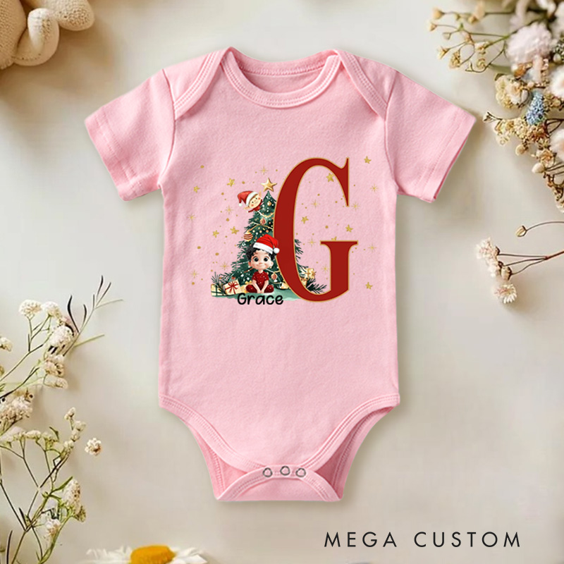 Personalized Cartoon Character Holly Bow Initial Bodysuit with Name Christmas Party Gifts for Baby