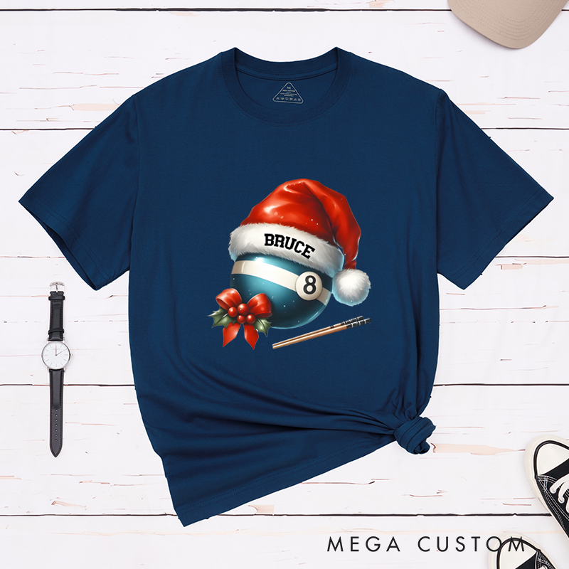 Personalized Christmas Billiards T-Shirt with Custom Name, Santa Hat, and Festive Design