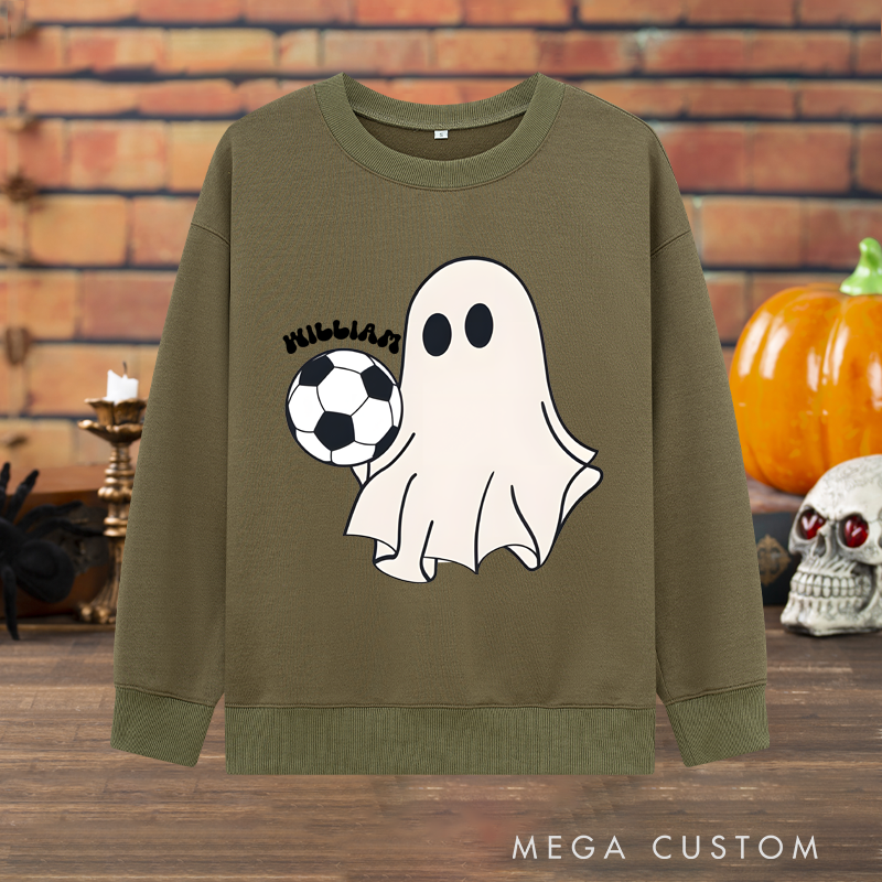 Personalized Halloween Soccer Sweatshirt with Cute Ghost, Soccer Ball, and Custom Name Design
