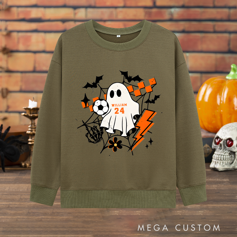 Personalized Halloween Sweatshirt with Ghost, Soccer Ball, Custom Name, and Number Design