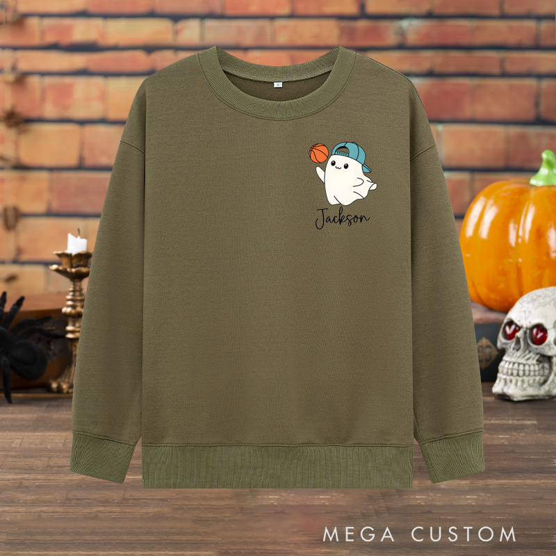 Personalized Halloween Sweatshirt with Cute Ghost, Basketball, and Custom Name Design