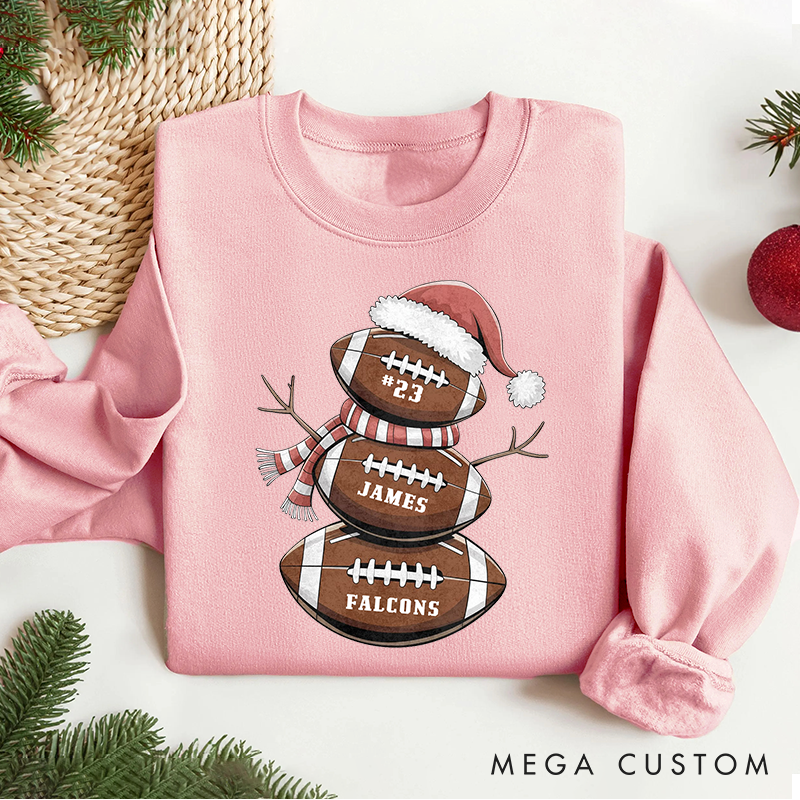 Personalized American Football Snowman Sweatshirt with Custom Name and Number for Cozy Up with Holiday Cheer