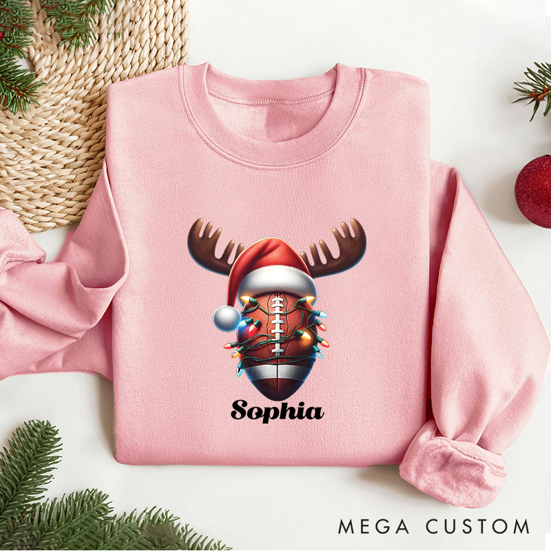 Personalized American Football Reindeer Design Christmas Sweatshirt with Custom Name